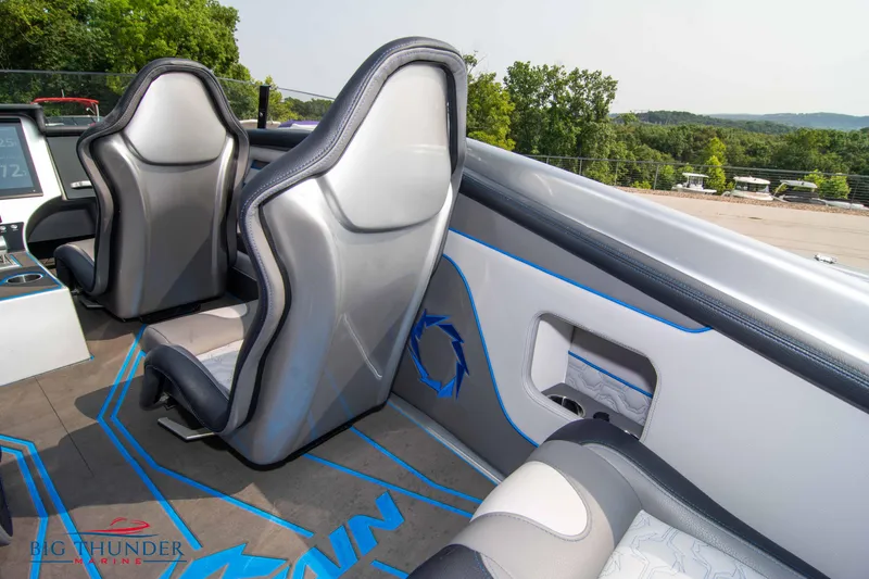 Slide: The Image of Interior of a 2025 Fountain 34 Thunder Cat boat with modern seating. - 22