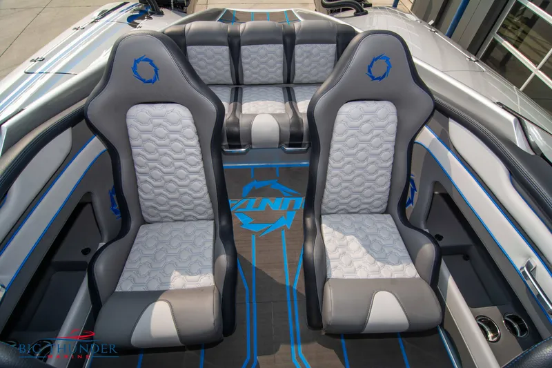 Slide: The Image of 2025 Fountain 34 Thunder Cat boat interior with stylish seating and modern design. - 28