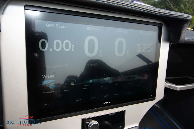 Slide: The Image of 2025 Fountain 34 Thunder Cat dashboard with Garmin display showing GPS speed and RPM. - 39