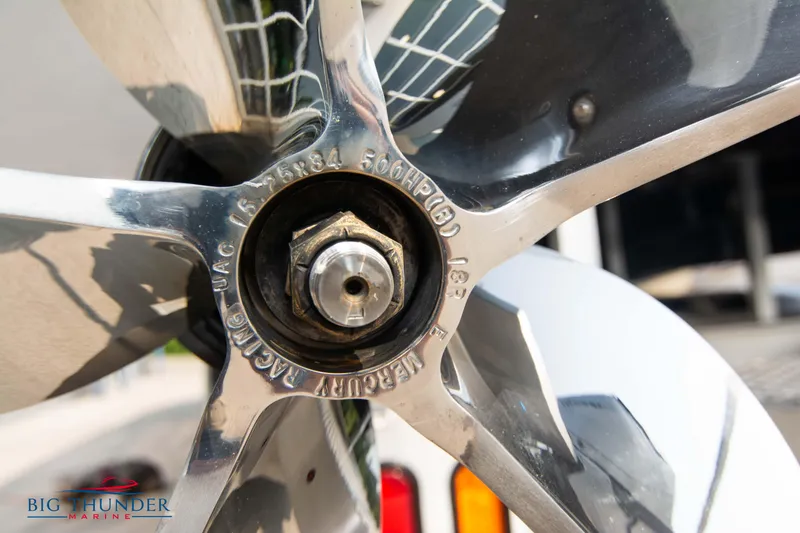 Slide: The Image of Close-up of a 2025 Fountain 34 Thunder Cat propeller. - 9