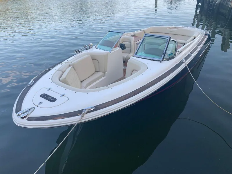 Slide: The Image of 2006 Chris-Craft Launch 25 boat docked on calm water. - 6