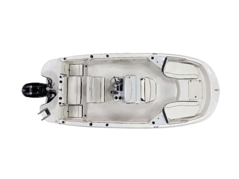 Slide: The Image of Top view of a 2023 Stingray 206cc boat with seating and outboard motor. - 13