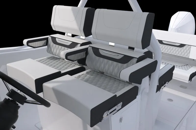 Slide: The Image of 2026 Blackfin 302 CC boat interior with modern seating and steering wheel. - 3