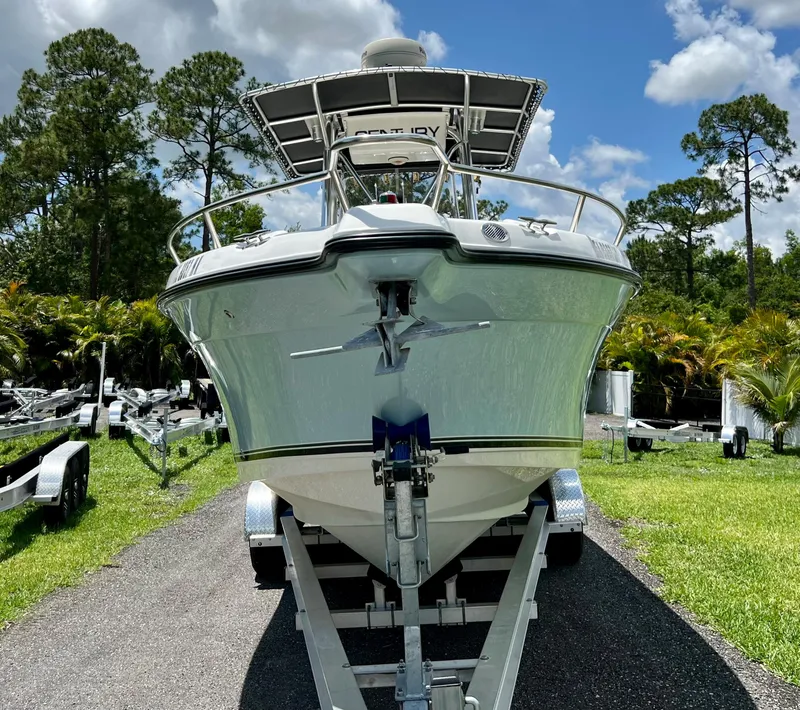Slide: The Image of 2005 Century 2600 Center Console boat on trailer, front view. - 6