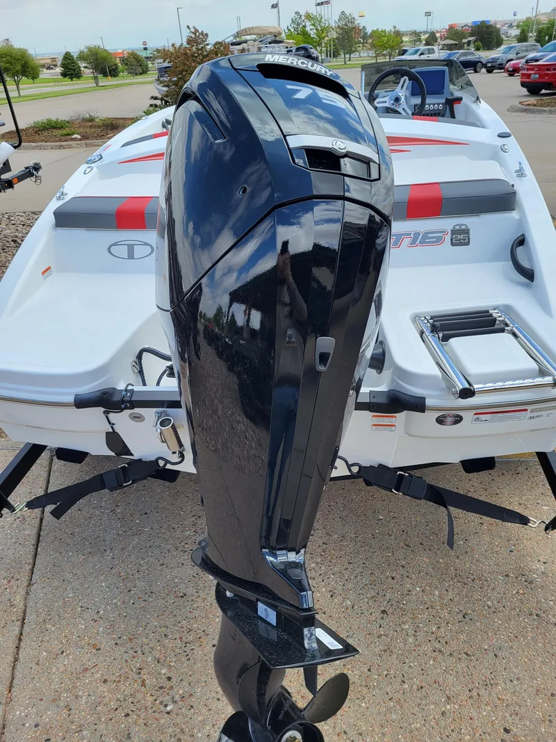 Slide: The Image of 2023 Tahoe T16 boat with Mercury outboard motor, rear view. - 4