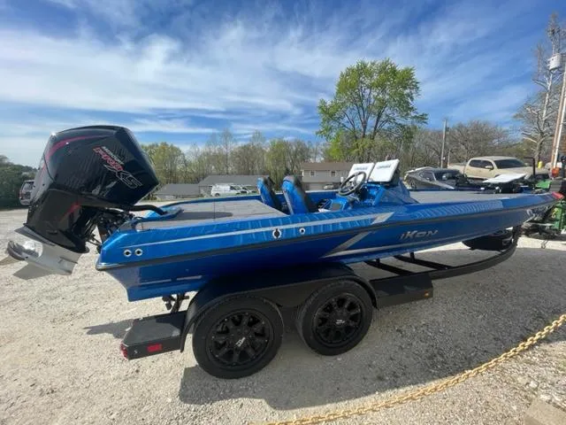 Slide: The Image of 2024 iKon LX21 blue fishing boat on trailer with outboard motor. - 2