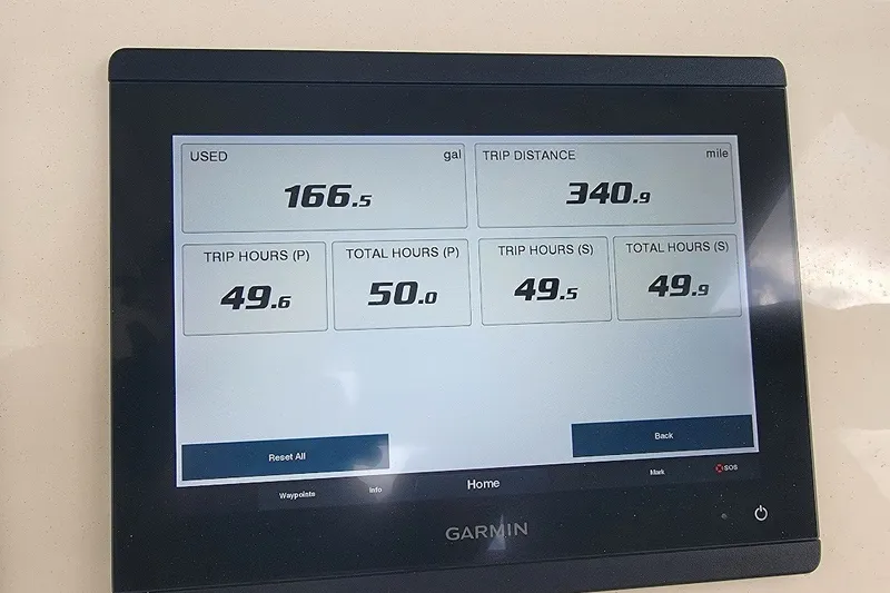 Slide: The Image of Garmin display showing fuel usage and trip data for 2020 Scout 255 LXF boat. - 34