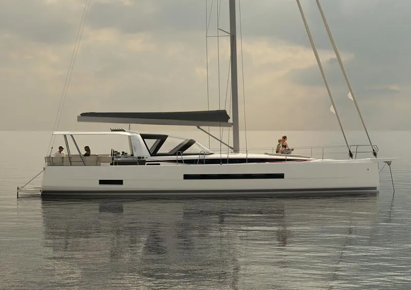 Slide: The Image of 2024 Jeanneau 55 sailboat on calm waters with people on deck. - 49