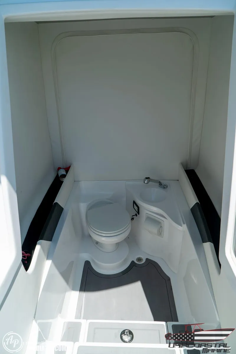 Slide: The Image of 2018 Statement 38 Open boat interior with compact marine toilet and sink. - 10