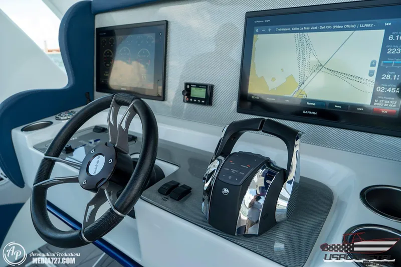 Slide: The Image of 2018 Statement 38 Open boat dashboard with navigation screens and steering wheel. - 2