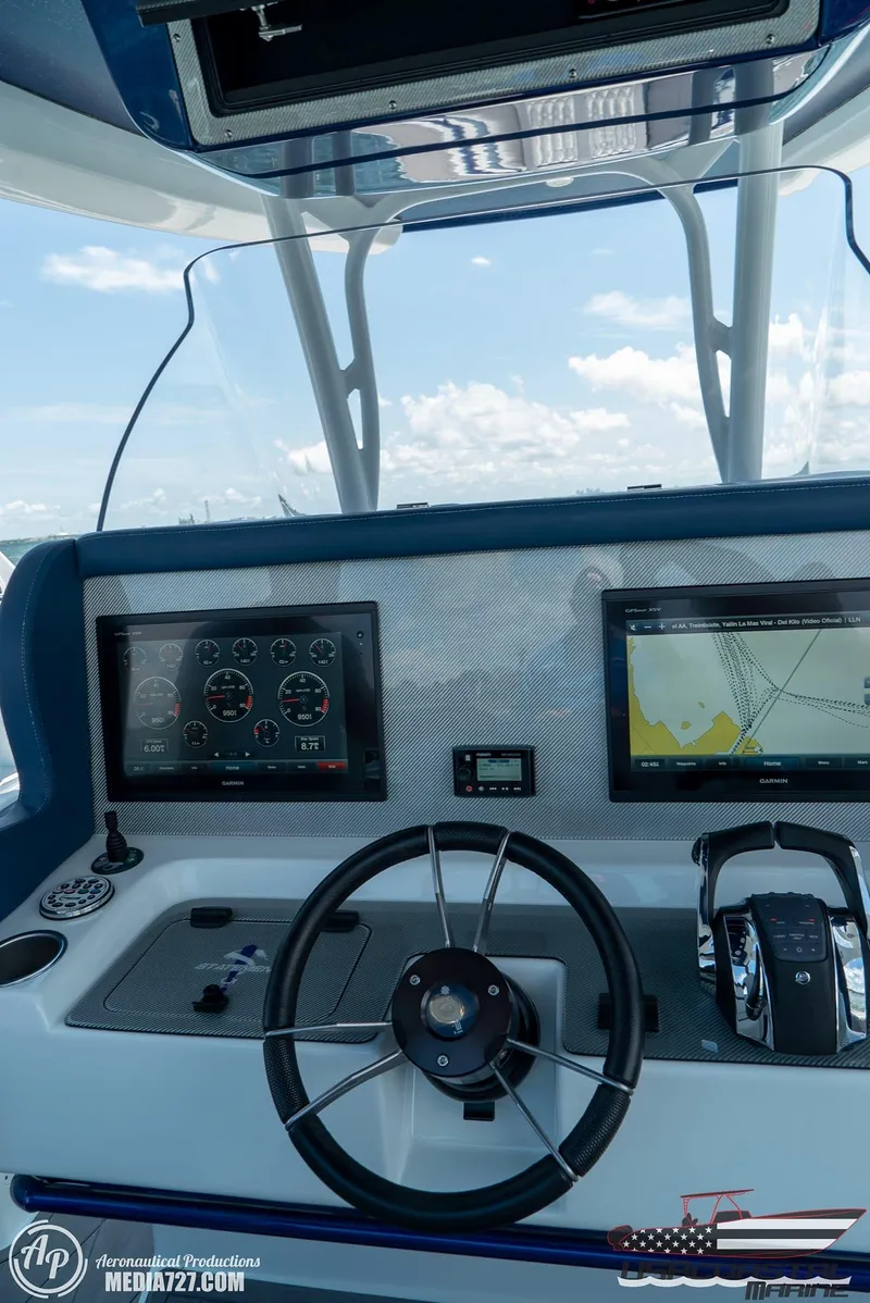 Slide: The Image of 2018 Statement 38 Open boat dashboard with navigation screens and steering wheel. - 20