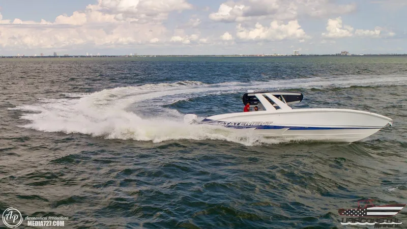 Slide: The Image of 2018 Statement 38 Open speedboat cruising on open water under a cloudy sky. - 26