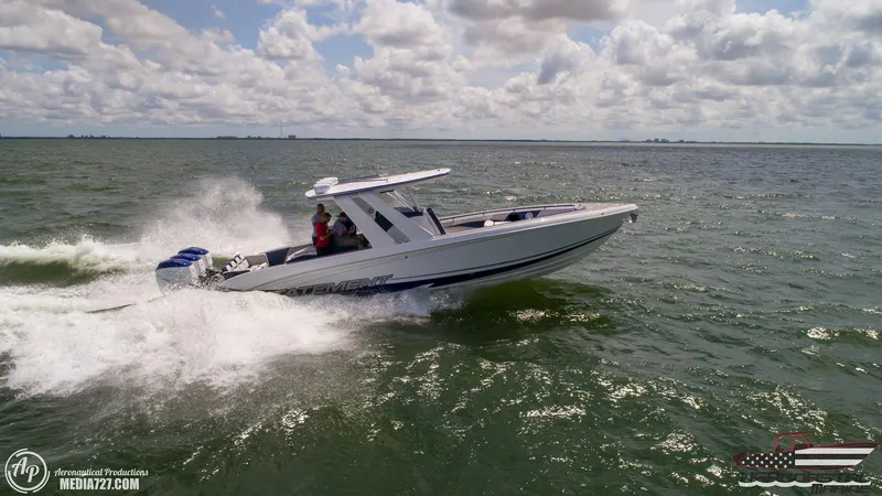 Slide: The Image of 2018 Statement 38 Open boat speeding on open water under a cloudy sky. - 32