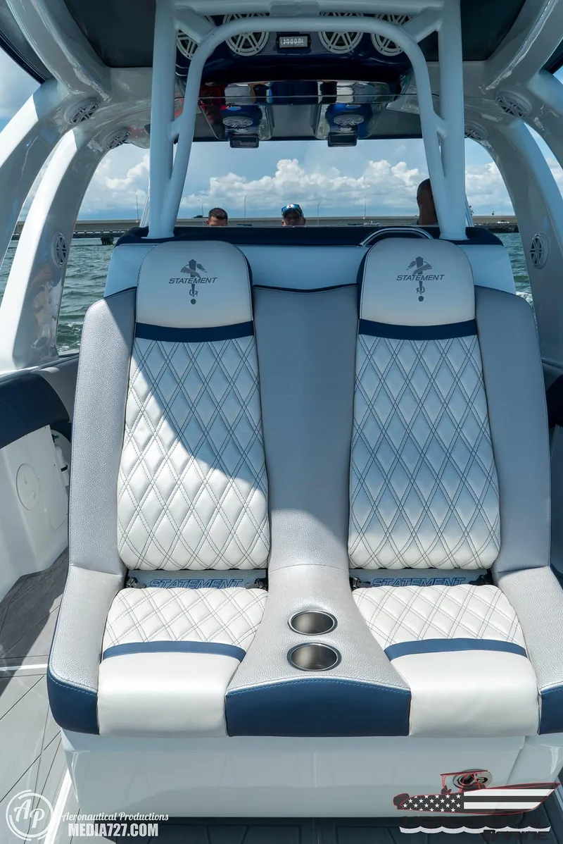 Slide: The Image of 2018 Statement 38 Open boat with luxurious seating and ocean backdrop. - 43