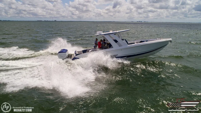 Slide: The Image of 2018 Statement 38 Open boat speeding on open water, creating waves. - 45