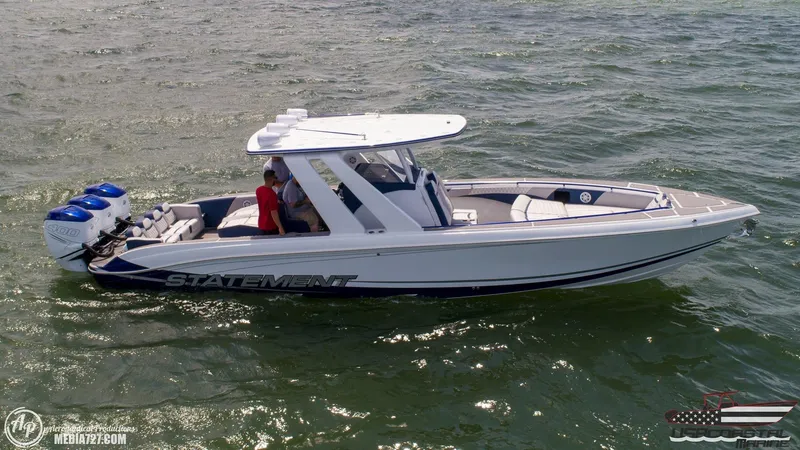 Slide: The Image of 2018 Statement 38 Open boat cruising on water with triple outboard engines. - 47