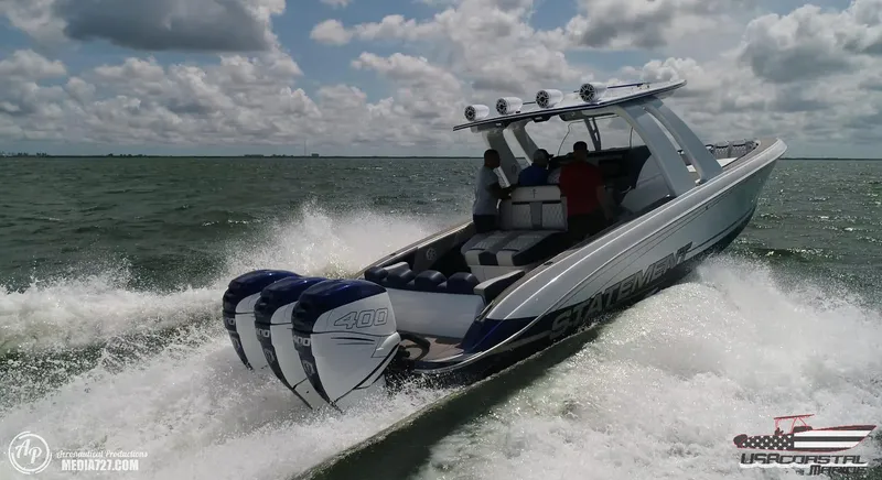 Slide: The Image of 2018 Statement 38 Open boat speeding on water with triple engines. - 49