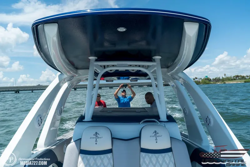 Slide: The Image of 2018 Statement 38 Open boat on water, featuring luxury seating and sleek design. - 6