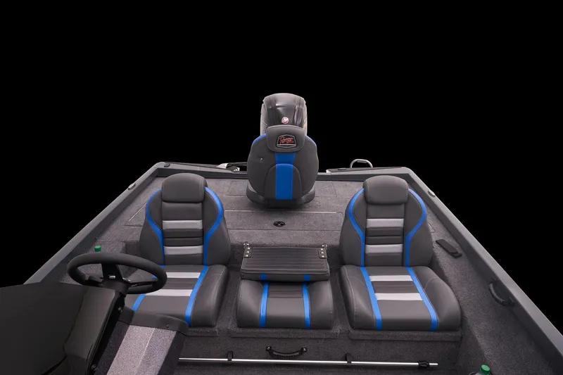 Slide: The Image of 2023 Ranger RT188P boat interior with blue and gray seats. - 15