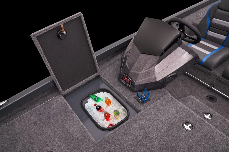 Slide: The Image of 2023 Ranger RT188P boat interior with open storage compartment containing ice and drinks. - 19