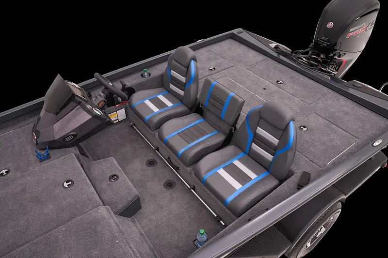 Slide: The Image of 2023 Ranger RT188P boat interior with gray and blue seating, spacious deck, and modern controls. - 31