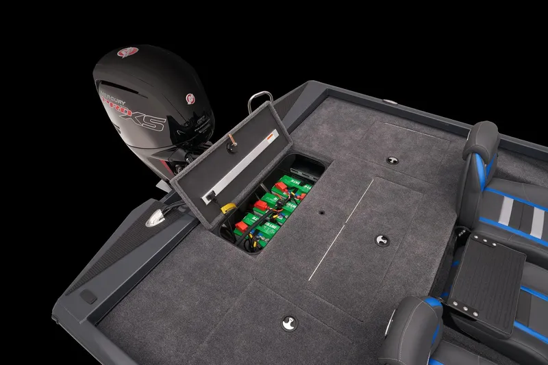 Slide: The Image of 2023 Ranger RT188P boat with open storage compartment and motor. - 40