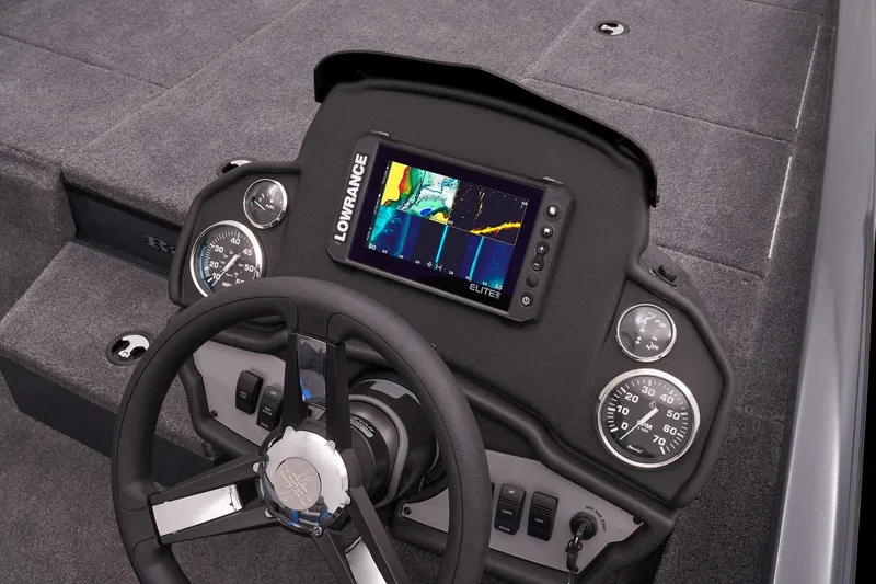 Slide: The Image of 2023 Ranger RT188P boat dashboard with Lowrance Elite fishfinder and steering wheel. - 41