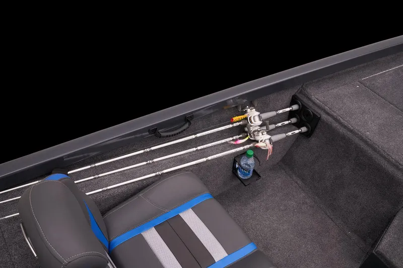 Slide: The Image of 2023 Ranger RT188P boat interior with fishing rod holders and seating. - 43