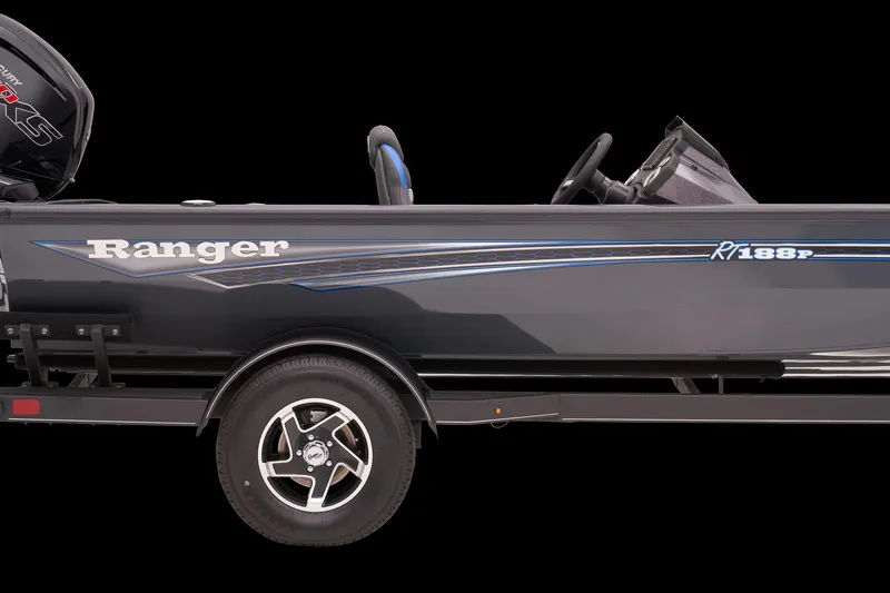 Slide: The Image of 2023 Ranger RT188P boat side view with sleek design and modern features. - 48