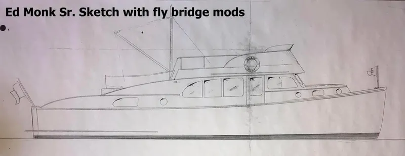 Slide: The Image of 1946 Monk Flybridge Sedan sketch by Ed Monk Sr. with flybridge modifications. - 19