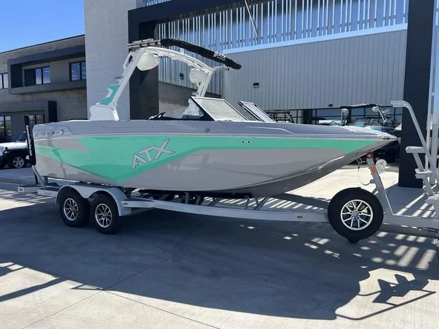 Slide: The Image of 2023 ATX Boats 22 TYPE-S on trailer, displayed outdoors in a modern setting. - 2