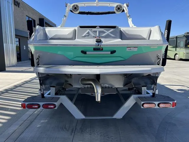 Slide: The Image of 2023 ATX Boats 22 TYPE-S, rear view, teal and gray, parked outdoors. - 8