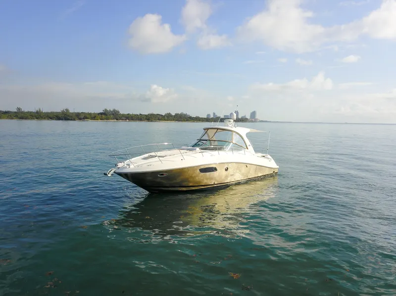 Slide: The Image of 2009 Sea Ray 350 Sundancer yacht on calm waters with a distant shoreline. - 11