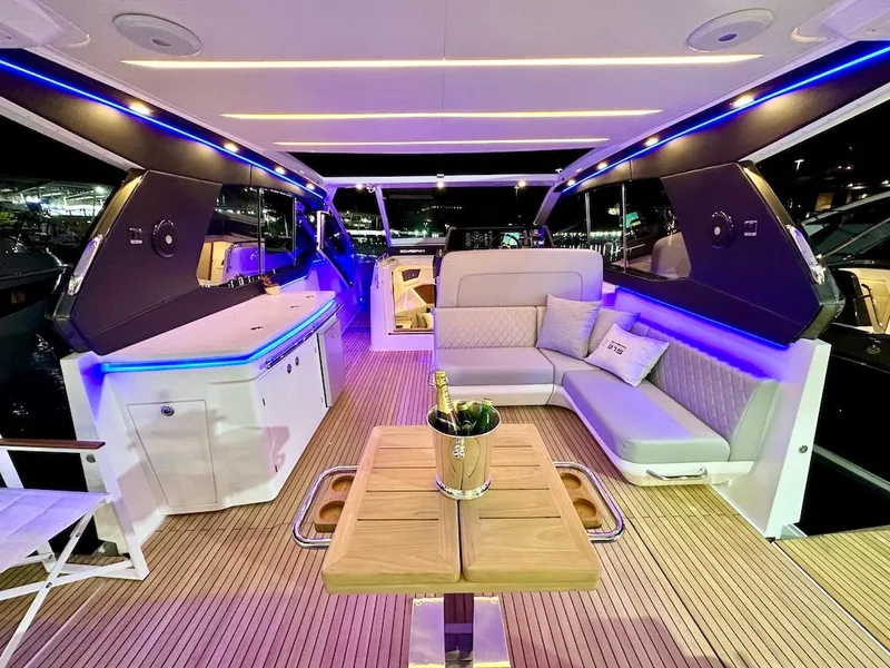 Slide: The Image of Luxurious interior of 2025 Schaefer 375 yacht with modern lighting and seating. - 17