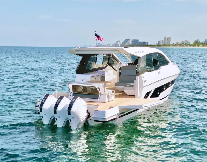 Slide: The Image of 2025 Schaefer 375 luxury motor yacht on open water. - 37