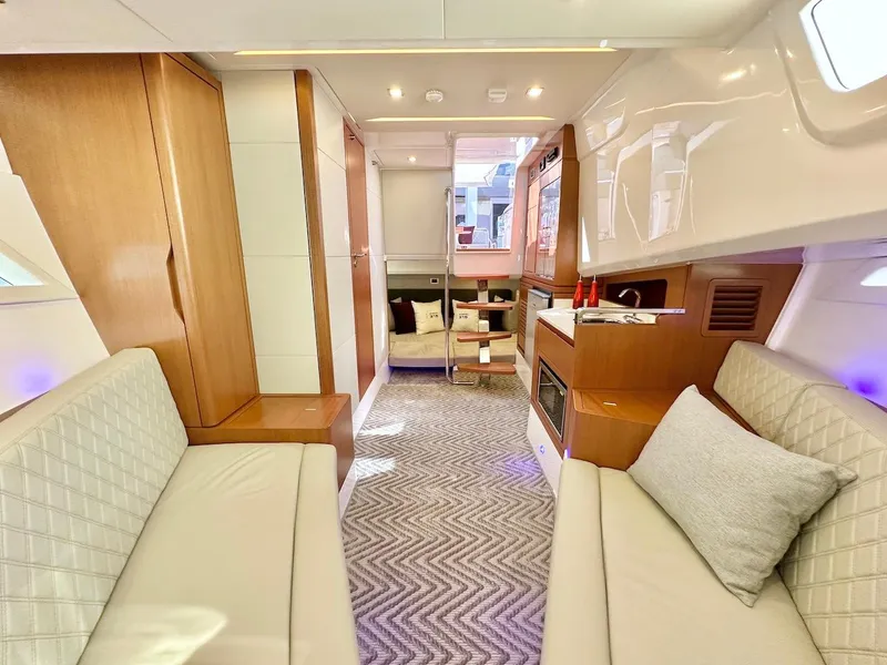 Slide: The Image of Luxurious interior of 2025 Schaefer 375 yacht with modern furnishings and elegant design. - 28