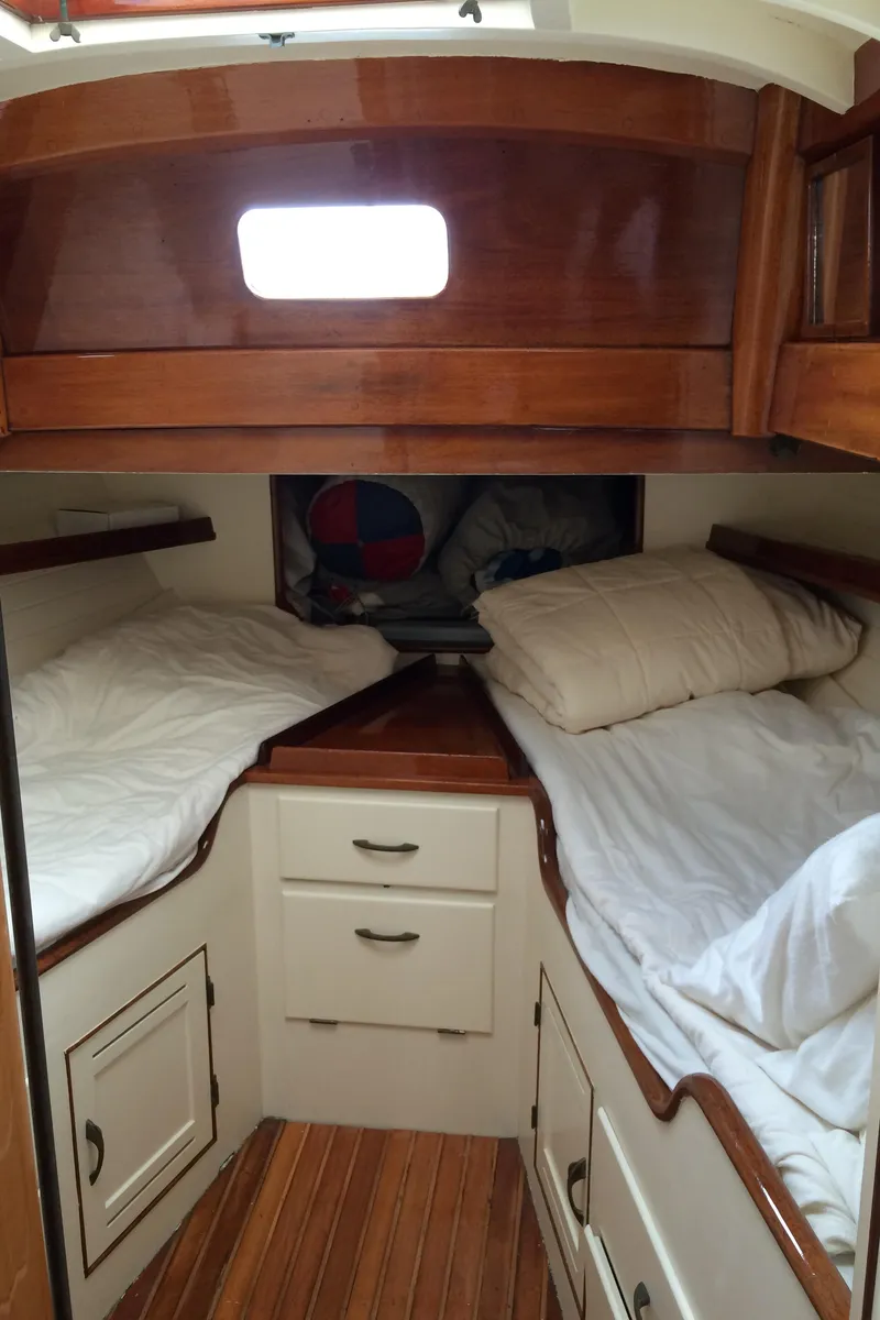 Slide: The Image of Vintage 1958 Sparkman & Stephens Nevins 40 yacht bathroom with wooden accents and compact design. - 24