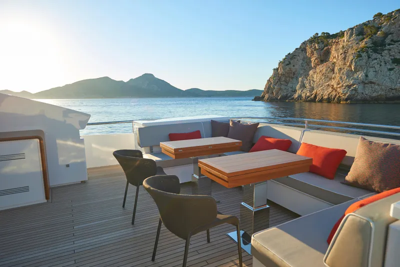 Slide: The Image of Luxury deck of 2023 Astondoa 110 Century yacht with ocean and mountain views. - 17