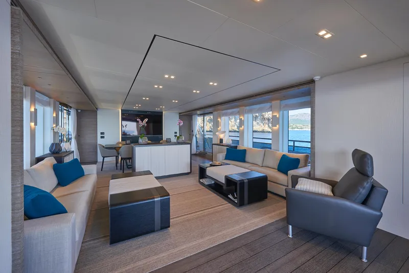 Slide: The Image of Luxurious interior of 2023 Astondoa 110 Century yacht with modern furnishings and panoramic windows. - 25