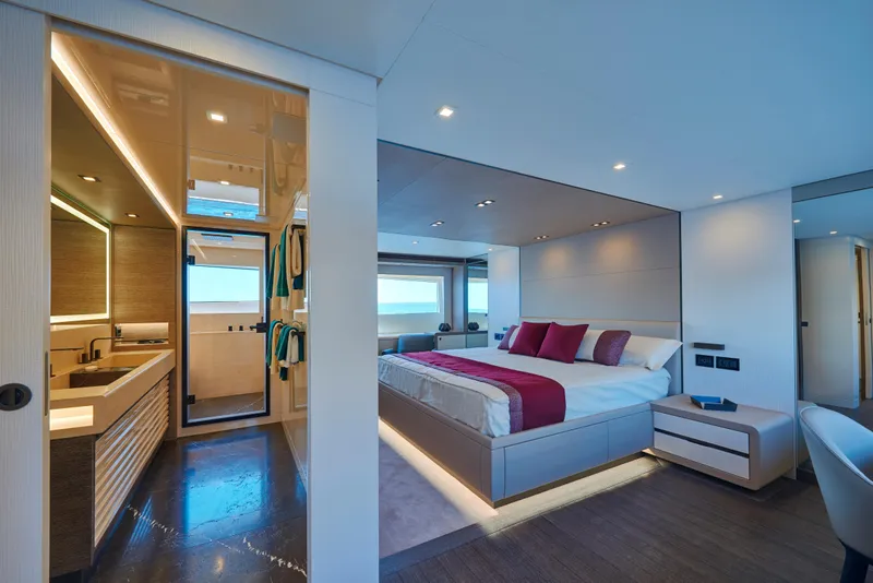 Slide: The Image of Luxurious master bedroom and ensuite bathroom on the 2023 Astondoa 110 Century yacht. - 32