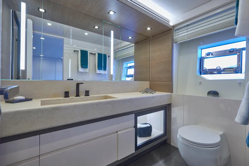 Slide: The Image of Modern bathroom in 2023 Astondoa 110 Century yacht with sleek fixtures and ample lighting. - 38