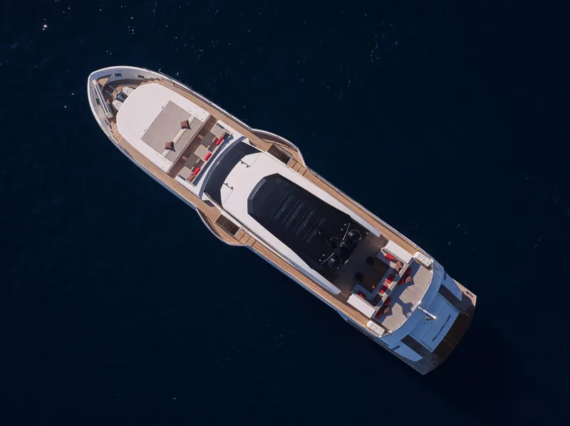 Slide: The Image of Aerial view of 2023 Astondoa 110 Century luxury yacht on the water. - 8
