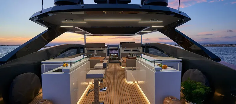 Slide: The Image of Luxurious 2023 Astondoa 100 Century yacht deck at sunset. - 12