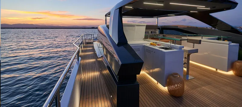 Slide: The Image of Luxury Astondoa 100 Century yacht deck at sunset, 2023 model. - 15