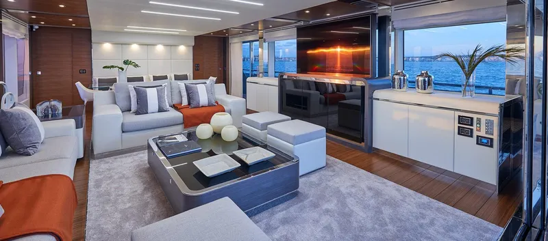 Slide: The Image of Luxurious interior of 2023 Astondoa 100 Century yacht with modern furnishings and ocean view. - 26