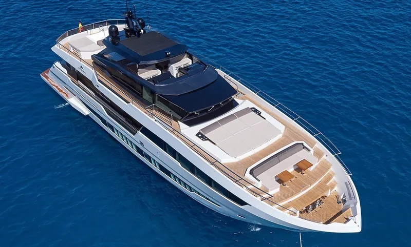 Slide: The Image of 2023 Astondoa 100 Century luxury yacht on blue ocean water. - 4