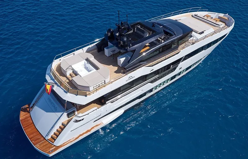 Slide: The Image of Aerial view of 2023 Astondoa 100 Century luxury yacht on blue ocean. - 5