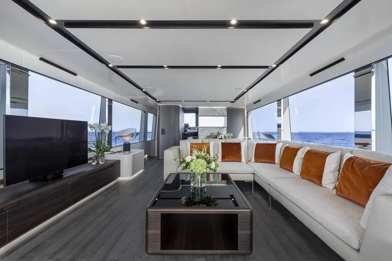 Slide: The Image of Luxurious interior of 2023 Astondoa AS8 Flybridge yacht with modern furnishings and ocean view. - 19