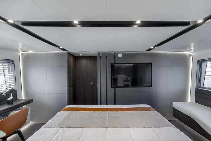 Slide: The Image of Luxurious bedroom interior of 2023 Astondoa AS8 Flybridge yacht with modern design. - 26