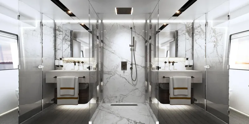 Slide: The Image of Luxurious bathroom in 2023 Astondoa AS8 Flybridge yacht with marble finishes. - 27